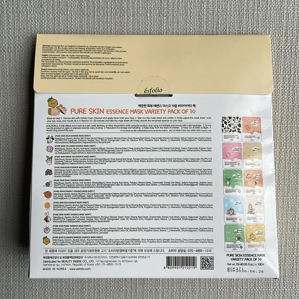 Esfolio k beauty pure skin variety pack of 10 essence sheet masks for face